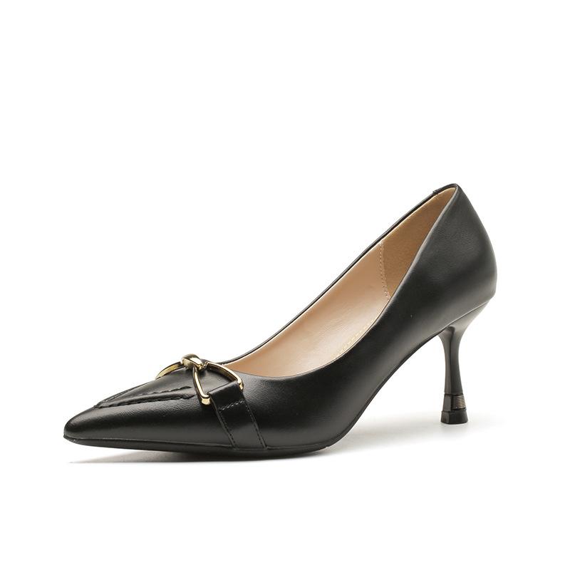 European station spring new high heels thin heel pointed fashion shallow mouth temperament metal buckle commuter single shoes heels