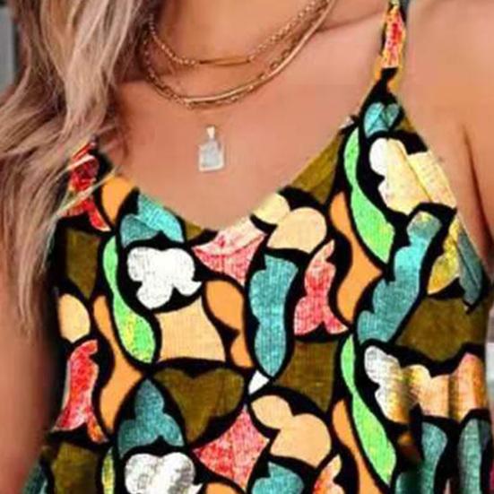 Αμάνικο Γυναικείο Crop Top Γιλέκο Παραλίας με Τυπωτό V Λαιμό και Λεπτές Τιράντες