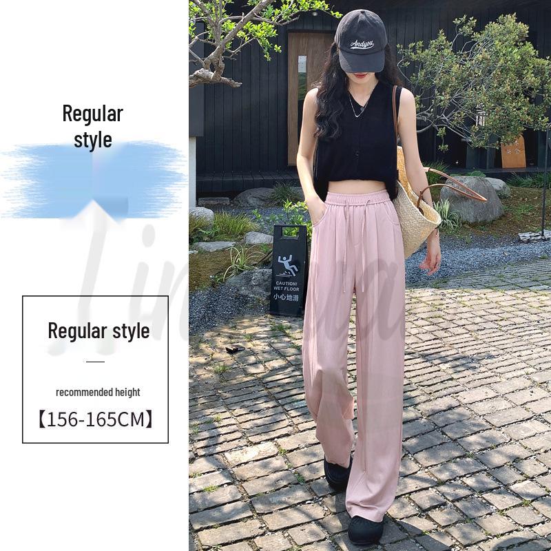 Women's Ice Silk High Waist Tencel Cotton Wide-Leg Pants - Summer Pink, Loose Fit
