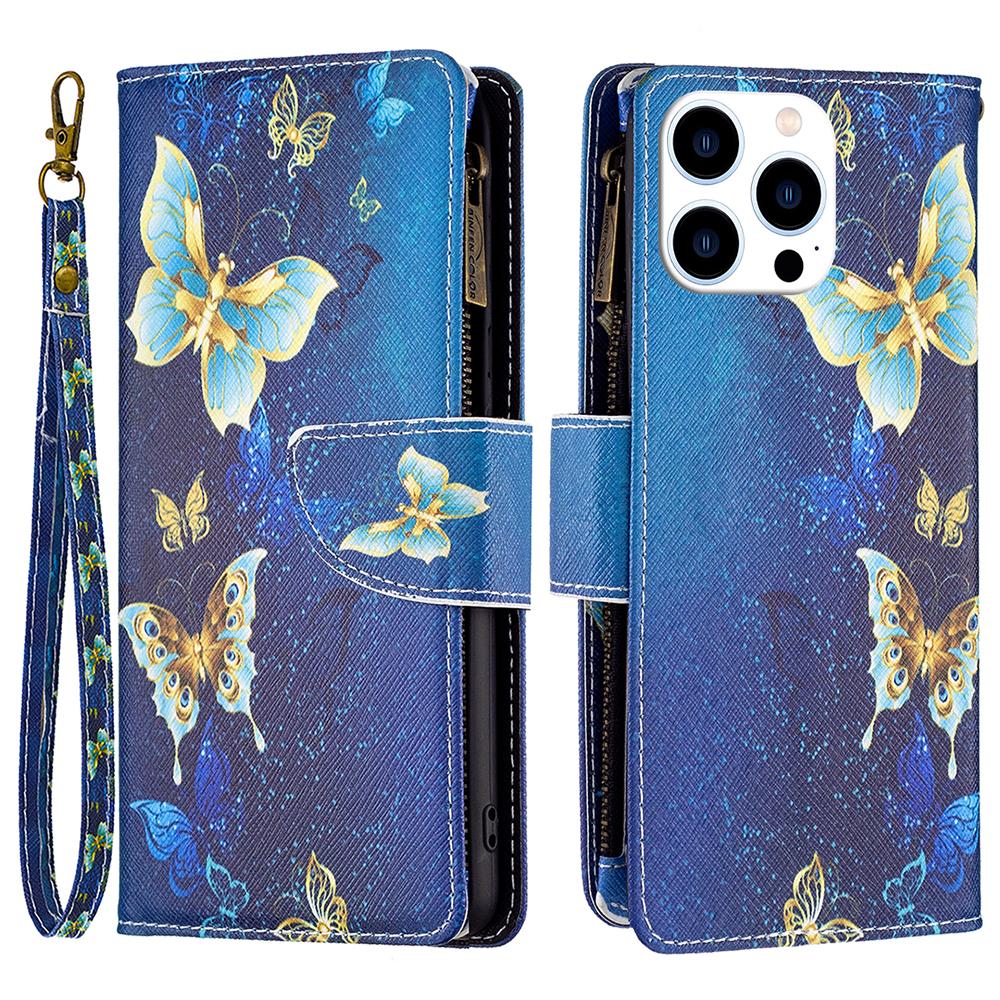 

BF03 For iPhone 16 Pro Max Case Pattern Printing Zipper Leather Phone Cover Golden Butterflies