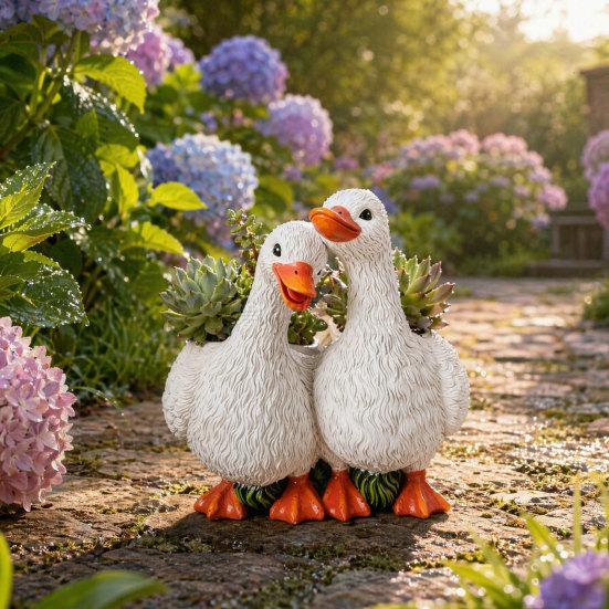 Resin Flowerpot Couple Duck Shape Planter with Drainage Holes Non-Slip Base