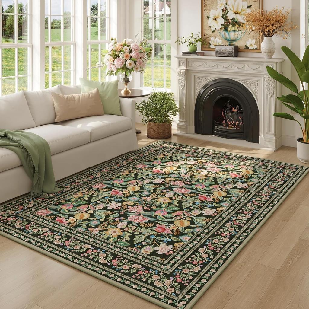 Rugs for Living Room Washable Vintage Floral Non Slip Low Pile Large Carpet for Bedroom Dining Room Nursery Play Beige Floor Mat