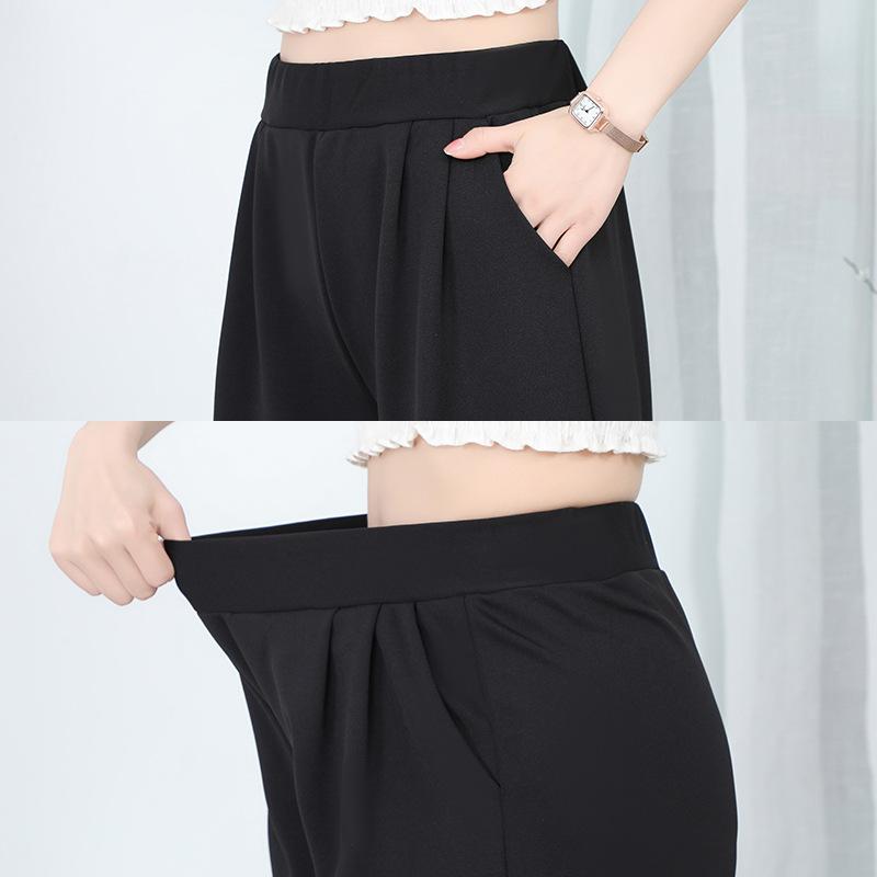 Women High Waist Elastic Wide‑Leg Cropped Pants With Pockets High‑Stretch Casual 9‑Points Trousers S‑3XL