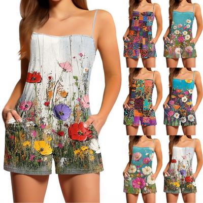 Women's Casual Fashion Floral Print Sleeveless Suspenders With Pockets Jumpsuit Shorts
