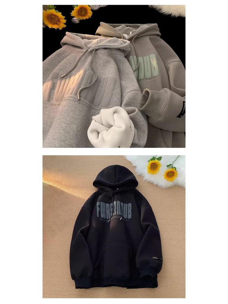 Unisex American-Style Heavyweight Hooded Sweatshirt - Men's Winter Loose Fit Casual Foam Print Top