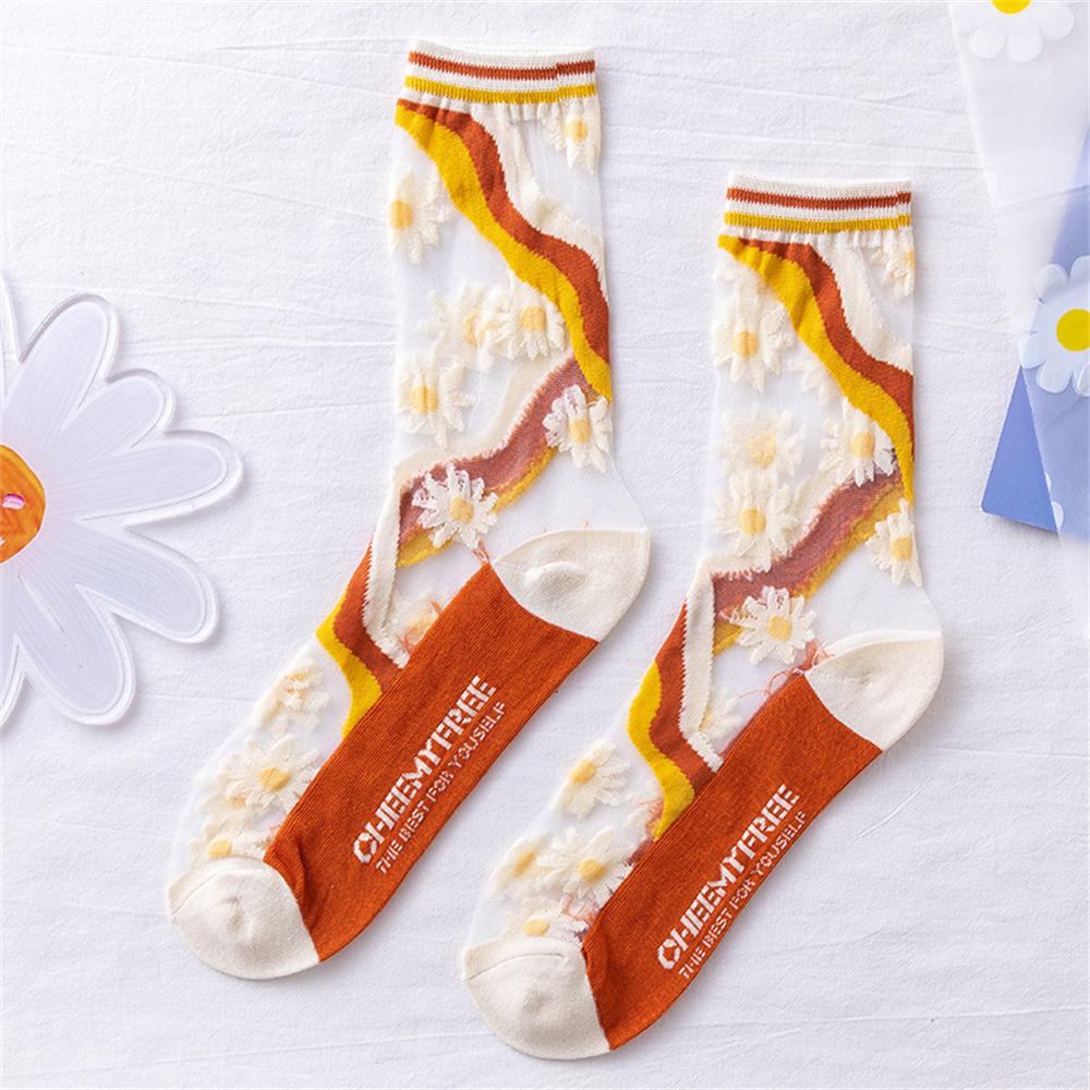 Chic Été Dames Mi-Tube Dentelle Épissage Coton Maille Respirant Fin Soie de Verre Cristal Petite Vigne de Fleurs Chaussettes Dropship