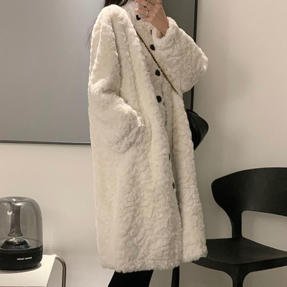 Lammullkappa Dam Lång kappa Knälång Varm kappa Imitation Kaninpäls Läder Tjock och Lös Stående Krage Vinter Bomullskappa