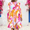 Women Plus Size V Neck Long Sleeve Blue Printed A Line Dress