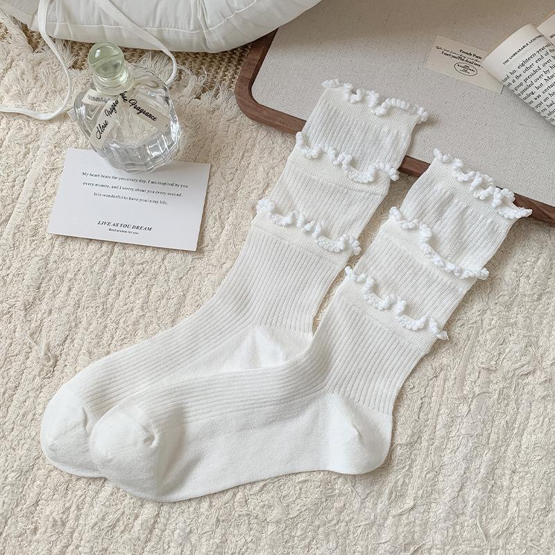 Women's Spring and Autumn Black Fungus Lace Boneless Mid Tube Pile Socks