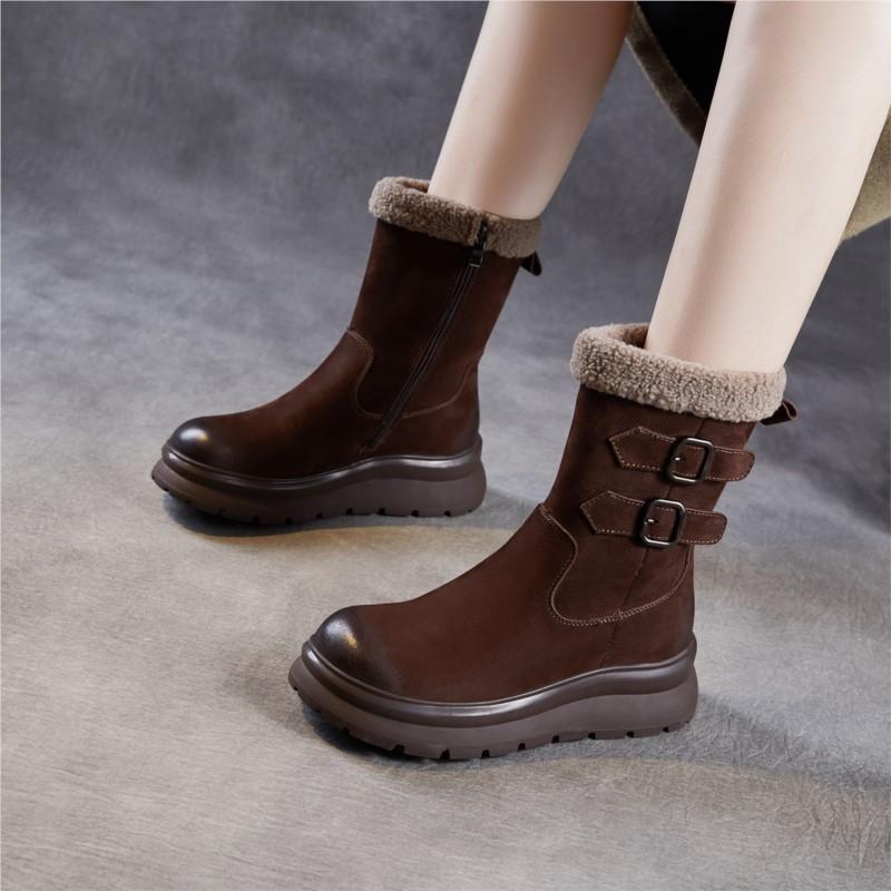 Johnature Anti Slip Thick Soled Snow Boots Belt Buckle Plush Warm Genuine Leather Women's Mid-calf Boots