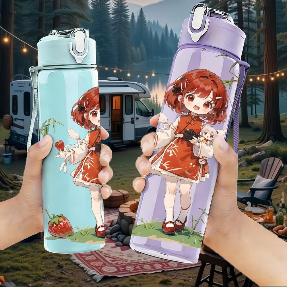 1PC Red Dress Girl Bamboo Plant Background Pattern 750ml Plastic Sports Water Bottle Leakproof Flip Straw Lid Suitable for Sports Office Home Use