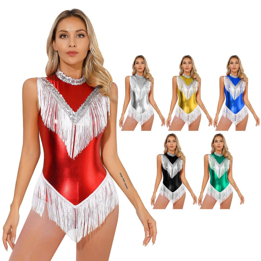 Womens Metallic Sleeveless Fringed Bodysuit Shiny Sequins Mock Neck Tassel Leotard for Latin Dance Performance