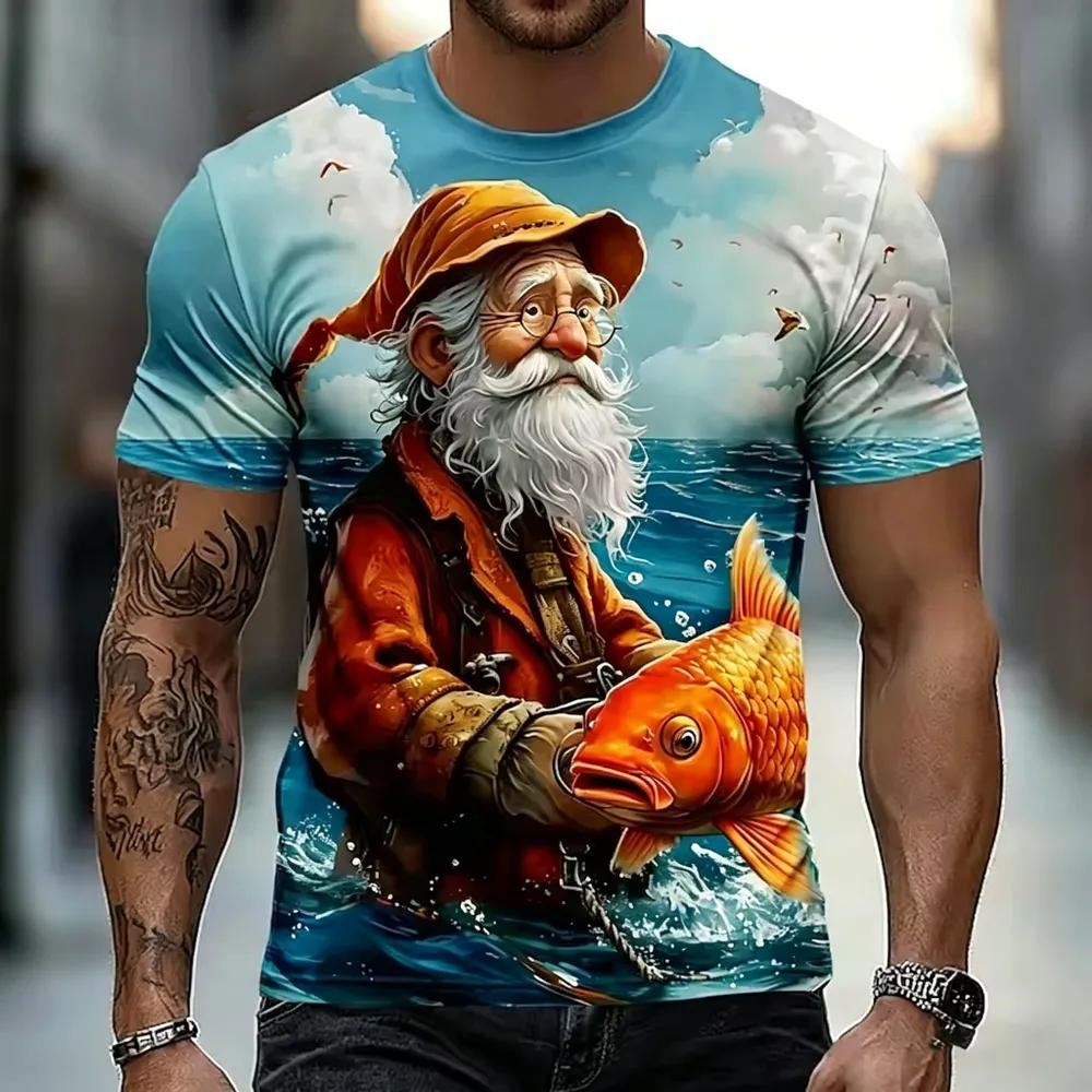 Fun Cartoon White-haired Old Man Wine Tasting 3D Full Print Men's Crew Neck Short-sleeved T-shirt, Personalized Creative Trendy Top