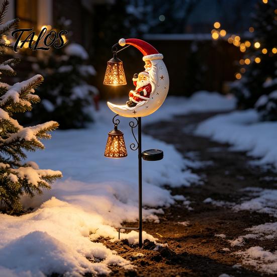 Weather Resistant Garden Path Lights Christmas Solar Stake Light, 3D Resin Santa Snowman Statue Yard Lawn Decor Crescent Moon LED Pathway Light