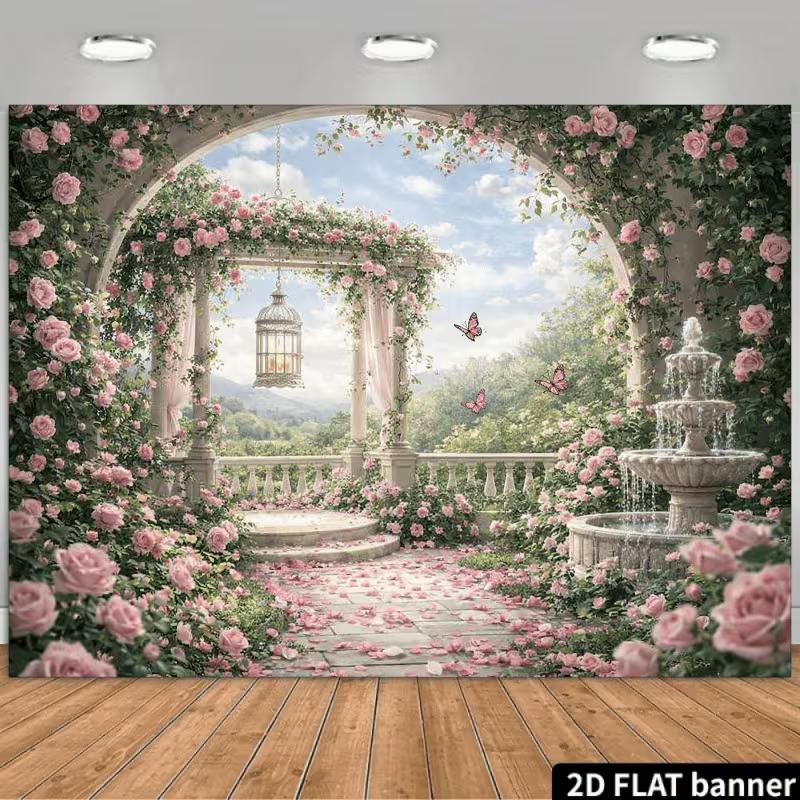 2D Pink Rose Garden Backdrop Romantic Archway Photography Background 47.2x31.5inch/120*80cm