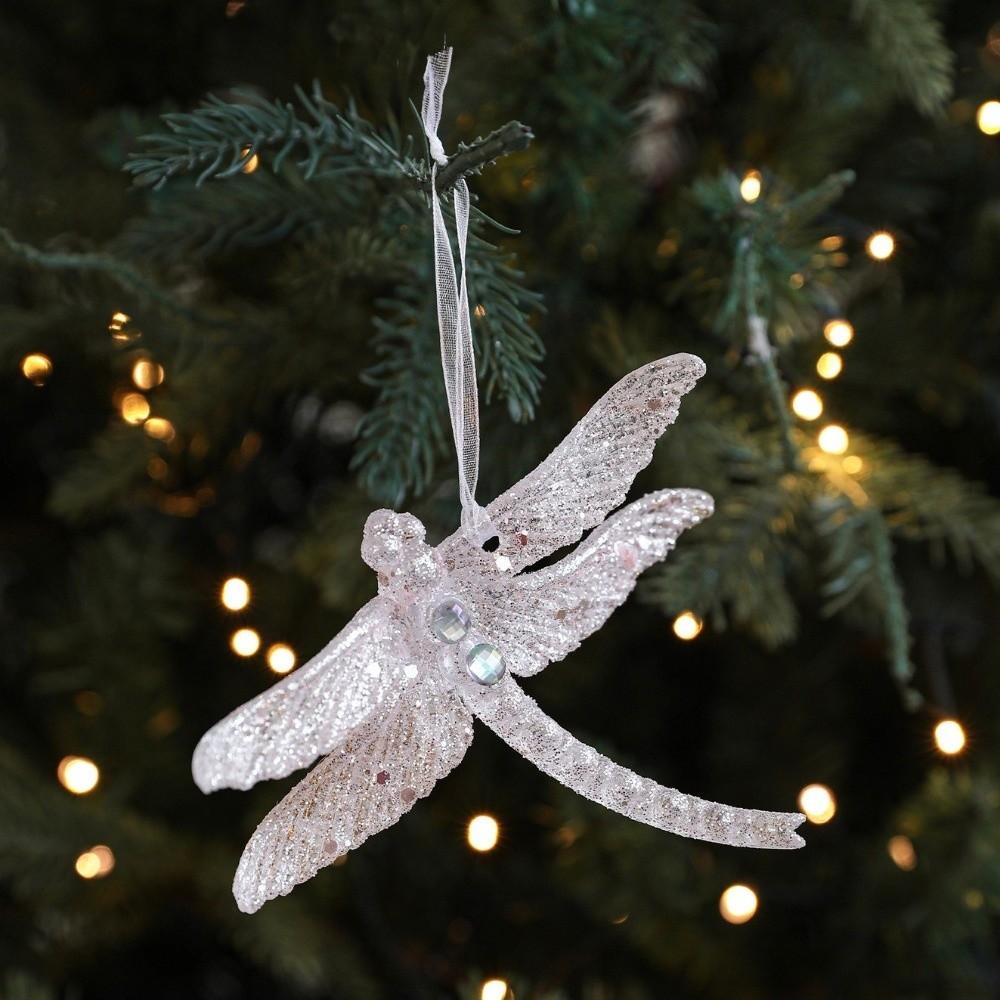 Glitter Plastic Pink Christmas Ornament Angel Candy Christmas Tree Decoration Dragonfly Bow Plastic Snowflake Ornament