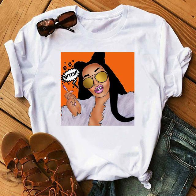 Casual Cute Sexy Curly Hair Girls Graphics Women T-Shirts Summer Tees Loose Short Sleeves Blouse White O-Neck Ladies Top Clothes
