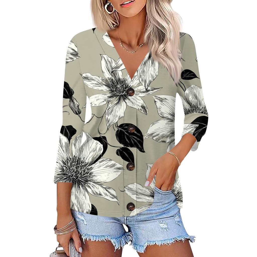 Women's Casual Fashion Floral Print Three-quarter Sleeve Button Cardigan Top