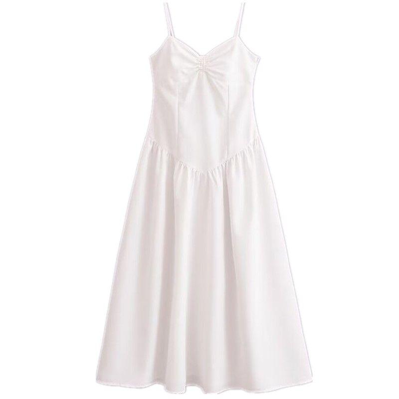 

Fashion Style 2024 Summer New Arrival Women s Clothing Temperament Wild V Neck Mouth Sling Mid-Length Dress 7200230 White L