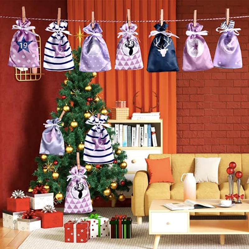 Jul Adventskalender Påsar 24 Dagar Nedräkningsset Godispåse Dragsko Presentpåse Hängande Presentpåsar för Fest Hemdekoration