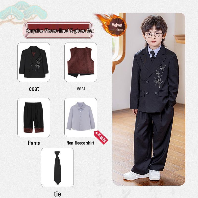 Boys' Chinese-Style Embroidered Velvet Vest and Suit for Autumn/Winter Photography and Performance