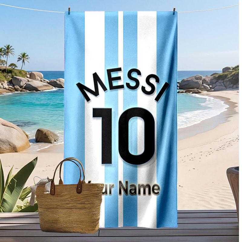 Asciugamano da Spiaggia Personalizzato Stampato Lionel Messi Logo Calcio Supporto Nome Personalizzato Testo Asciugamano Assorbente Per Sport Viaggio Regalo Speciale