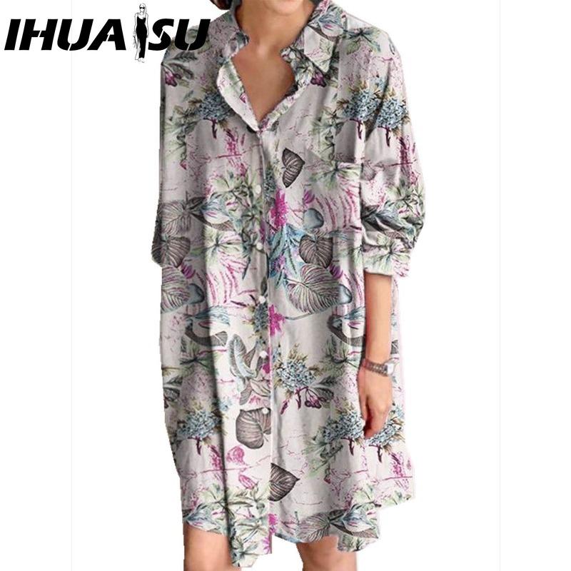 IHUASU Women Turn-down Collar Long Sleeve Shirt Dress Summer Fashion Plaid Print Dress