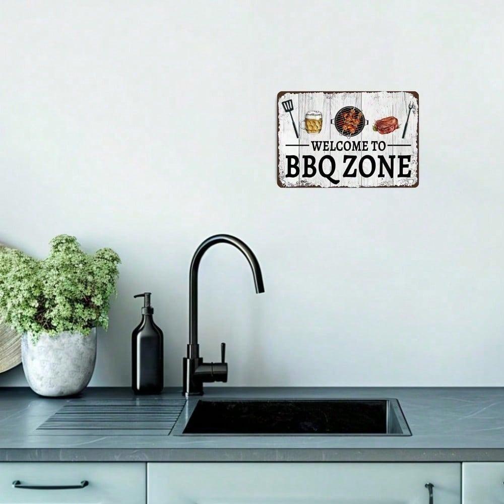Cartello in Metallo Zona Barbecue Vintage 20x30cm Arte da Parete Rustica Resistente alle Intemperie Decorazione per Grigliate all'Aperto