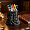 Dark Castle Pen Holder Large-Diameter Storage Desktop Organizer with 3D Micro-Landscape Design Distressed Black Gray Texture Durable Fantasy Decor