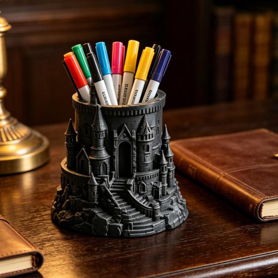 Dark Castle Pen Holder Large-Diameter Storage Desktop Organizer with 3D Micro-Landscape Design Distressed Black Gray Texture Durable Fantasy Decor