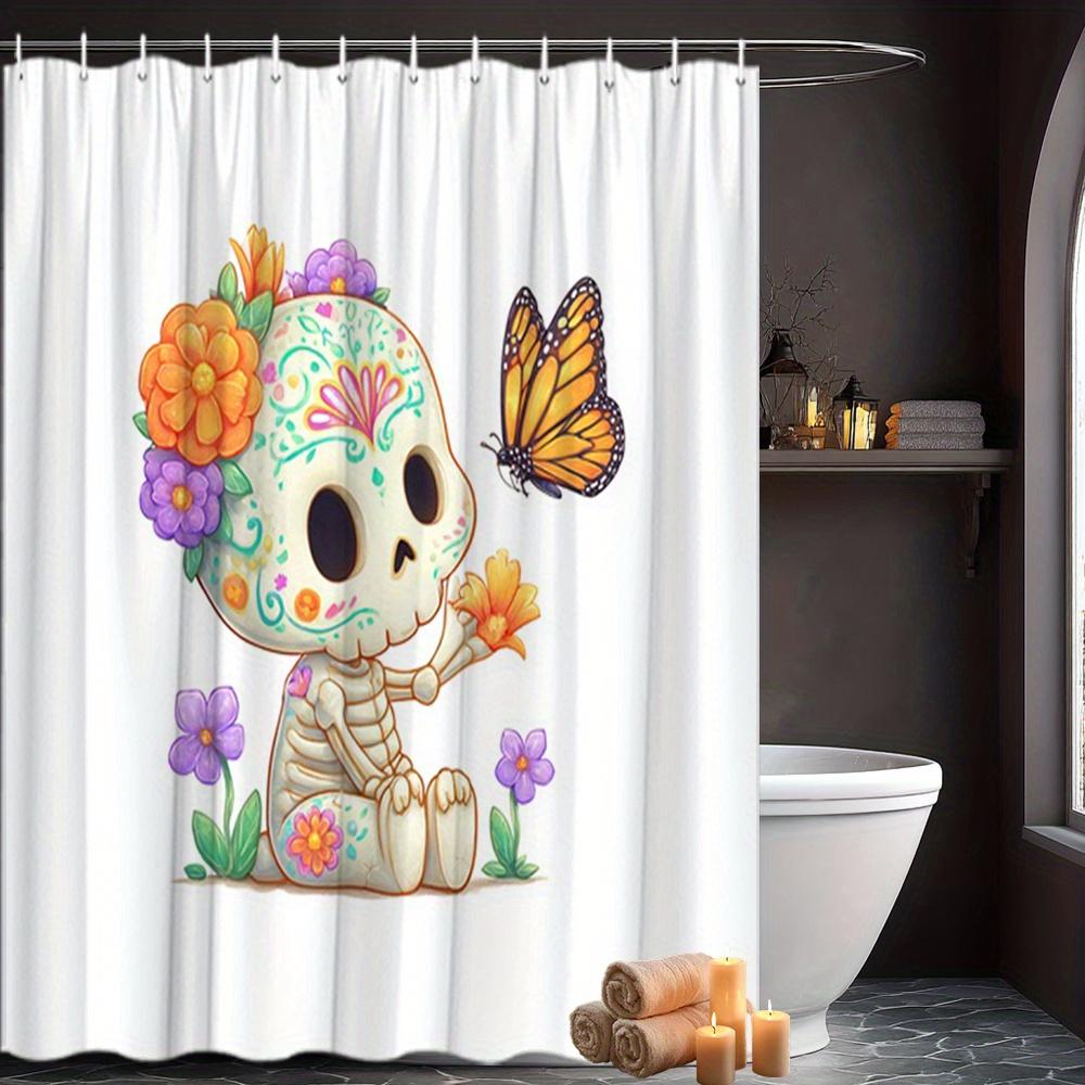 Colorful Calavera Skull Shower Curtain Day of the Dead Boho Floral Butterfly Art Bathroom Liner Decoration Curtain Decor