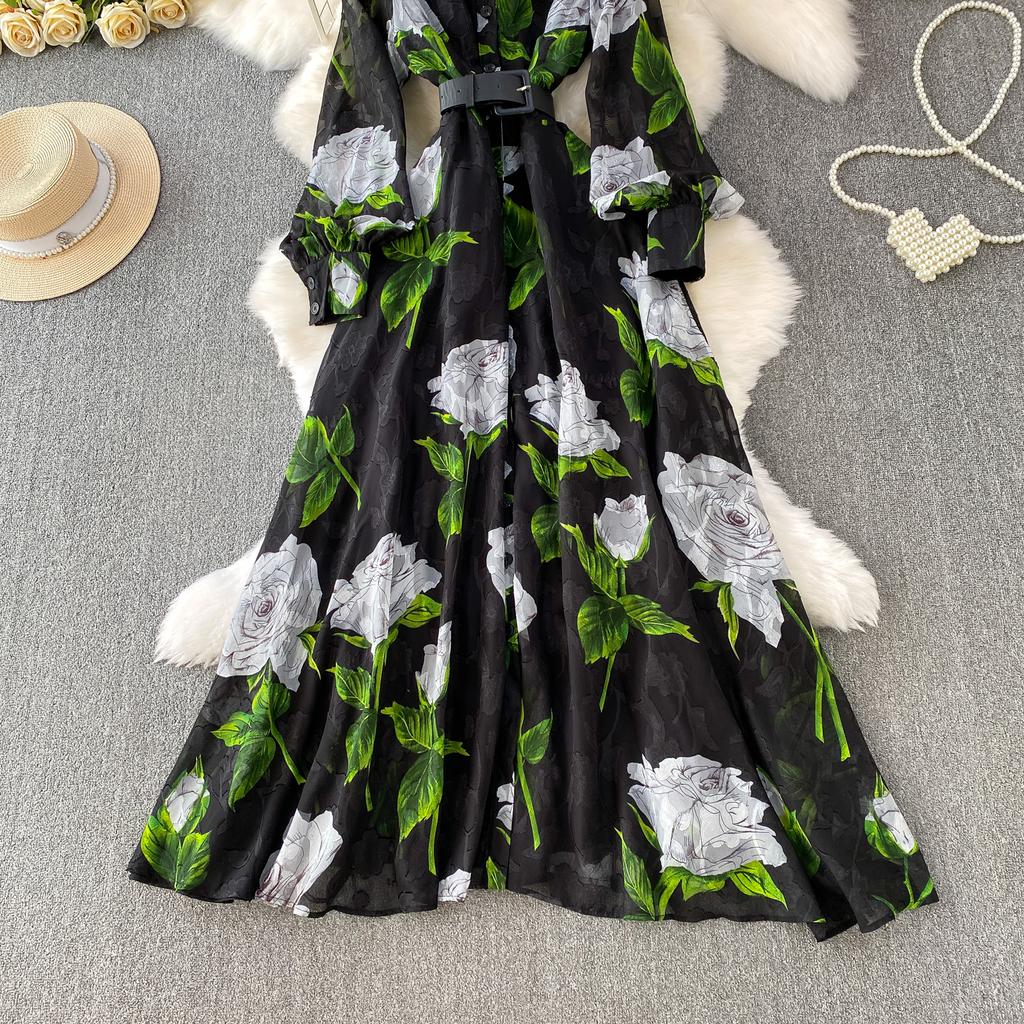 Francuski Styl Wakacyjny Super Wróżkowy Nadruk Klapa Długi Rękaw Sukienka Damska Wiosna Jesień Jednorzędowa Talia Rozkloszowana Elegancka