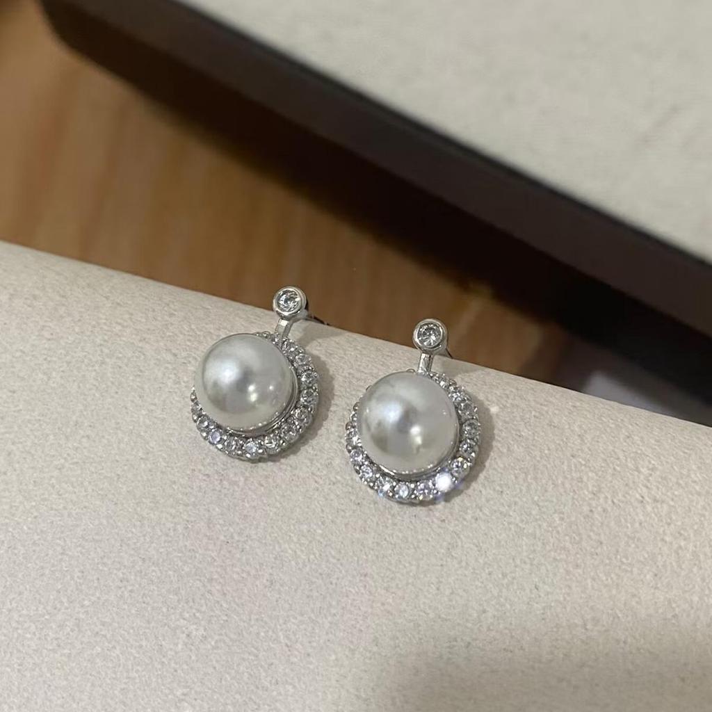 Elegant French Zircon Grey Pearl Stud Earrings for Women, Exquisite Small S925 Silver Needle Ear Accessories