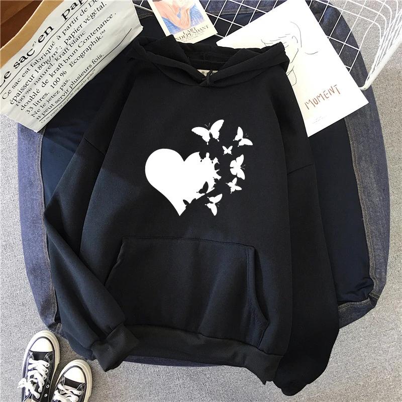 Heart Print Woman Hooded Sweatshirts Autumn Winter Daily Casual Sporty Hoodie Female Urban Fashion Warm Comfortable Hoody Coat