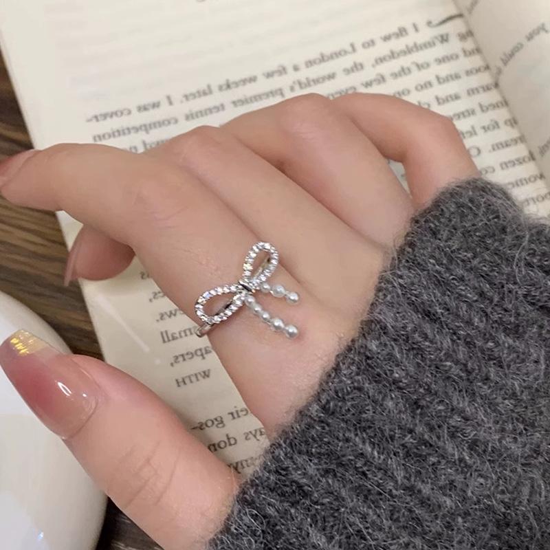 Feiner Blitz Zirkon Schleife Perle Öffnungsring Damen Leichter Luxus Elegant Sanft Persönlichkeit Mode Vielseitiger Ring Ring