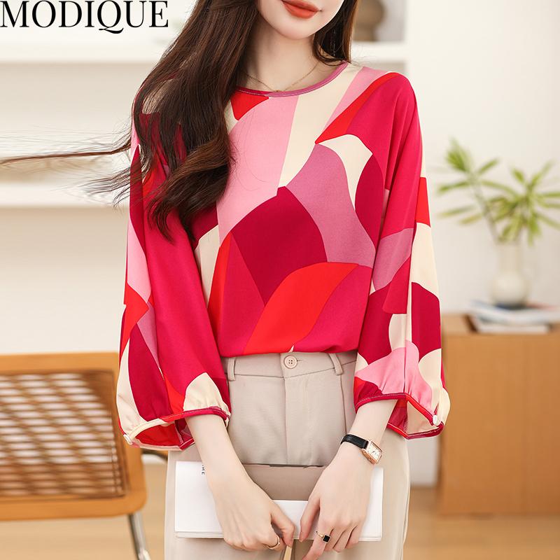 MODIQUE Spring Summer Plus Size Women Loose Silk Geometric Print Batwing Sleeve Blouse Shirts Lady Casual Oversize O-Neck Quarter Sleeve Pullover