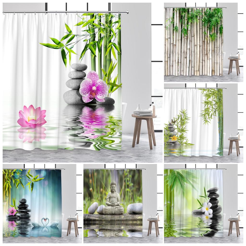 Zen Shower Curtain Green Bamboo Buddha Pink Orchid Lotus Swan Spa Nature Scenery Bathroom Curtains Fabric Home Decor with Hooks