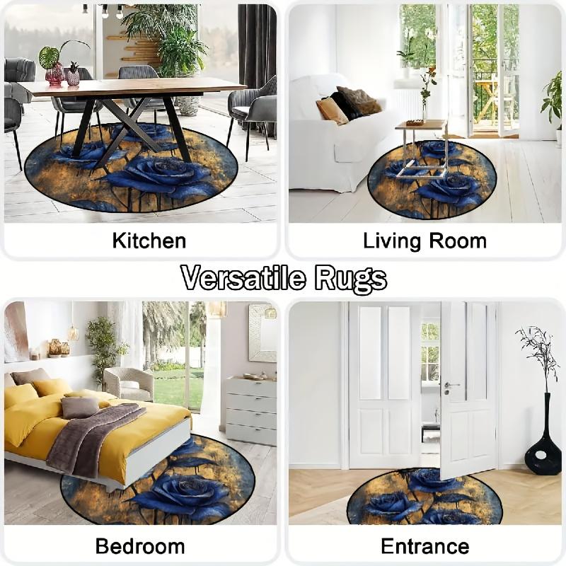 Luxury  Navy Golden  flower Pattern Round Shape Floor Mats Kitchen Hallway Runner Rug Bedroom Living Room Soft Carpet Non-slip Area Rug