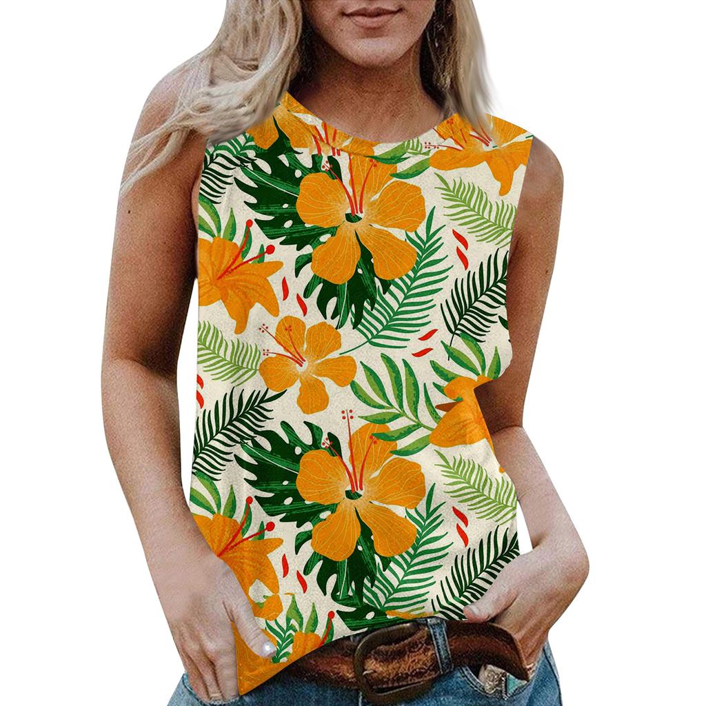 Blusa Regata Casual Feminina de Gola Redonda Sem Mangas com Estampa Havaiana X