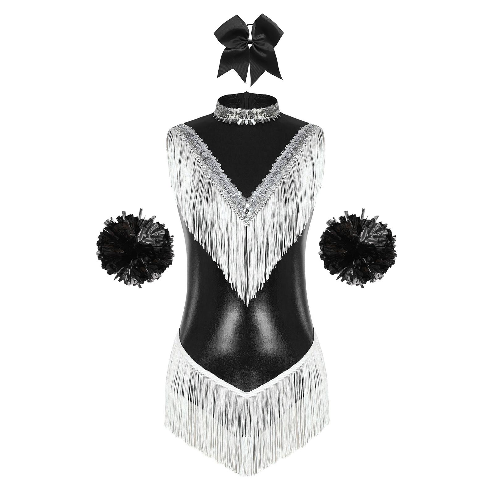 

Ladies Sparkly Fringe Leotard S-XXL Sequins Mock Neck Sleeveless Bodysuit with 1Pc Bow Headband 2Pcs Pom Poms for Cheer Latin Performance S