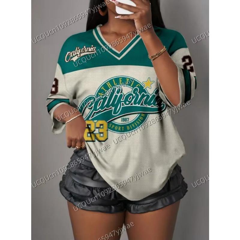 Sommer Damen Kurzarm V-Ausschnitt Oversize T-Shirt Damen Weiß Mode Damen T-Shirt 3D Druck Top Freizeitkleidung