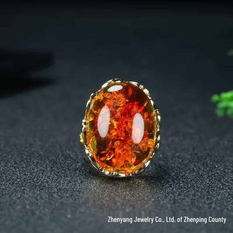 Amber Flower Inlaid Beeswax Ring - Elegant Yellow for Birthday or Girlfriend Gift