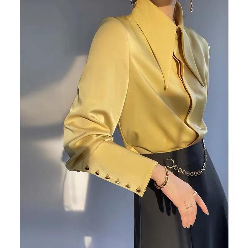 Women's High-End Satin Shirt with French Pointed Collar - Long Sleeve, Stylish Spring/Autumn Top
