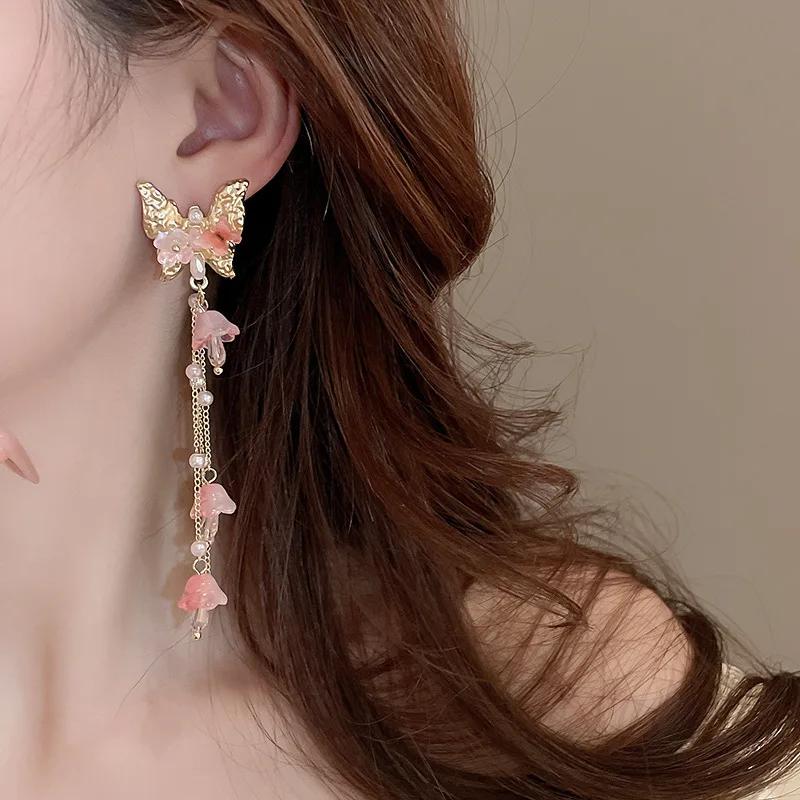Butterfly Flower Crystal Tassel Earrings for Women Korea Sweety Long Drop Earring Fashion Temperament Luxury Designer Zircon