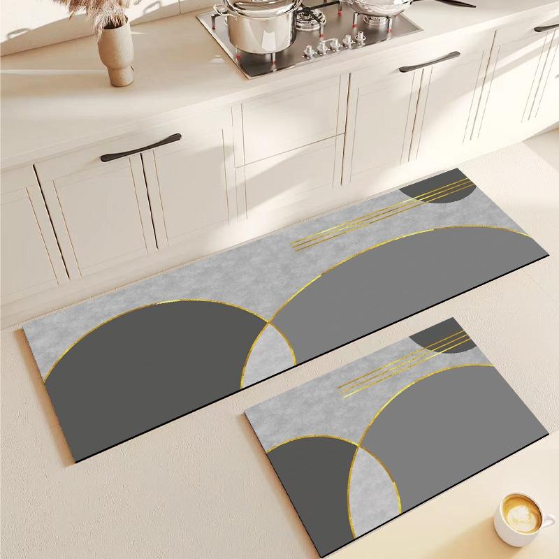 Kitchen Floor Mat Anti-slip Oil-proof Carpet Pvc Leather Foot Mats Gray Geometric Long Strip Rug Modern Style Home Decor Rugs