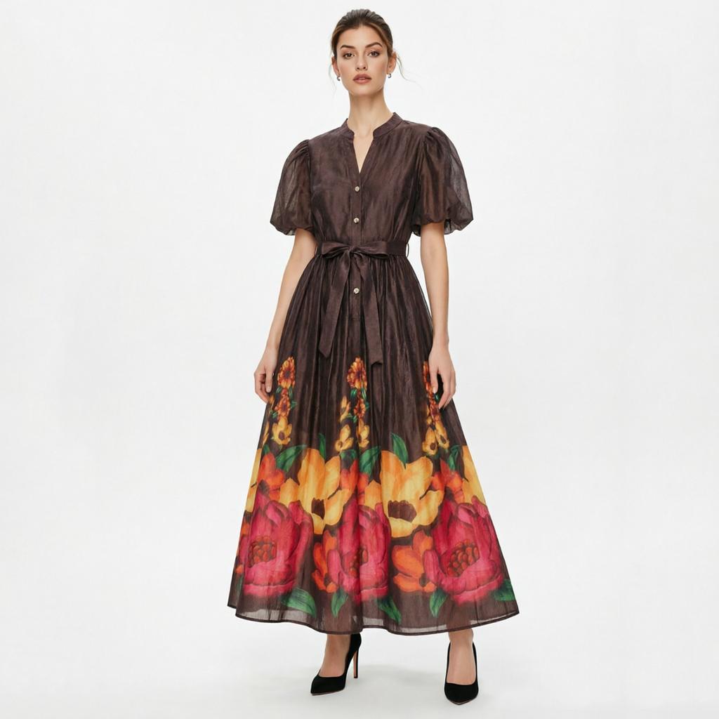French Vintage Flower Maxi Dress Women Puff Sleeve V-Neck Elegant Floral Print High Waist Sashes A-Line Summer Beach Long Maxi Dresses