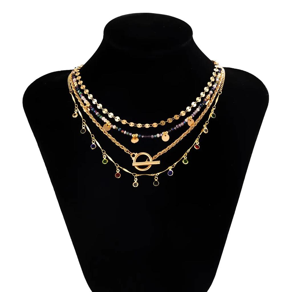 4Pcs/Set Boho Colorful Crystal Sequin Tassel Pendant Choker Necklace for Women Trendy Summer Vintage OT Buckle Chain Y2K Zircon