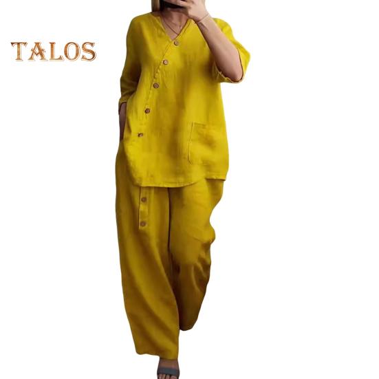 Ensemble chemisier et pantalon 2 pièces, col en V, boutons décoratifs, manches trois-quarts, haut, jambe large, taille élastique, pantalon OL, tenue décontractée pour la maison