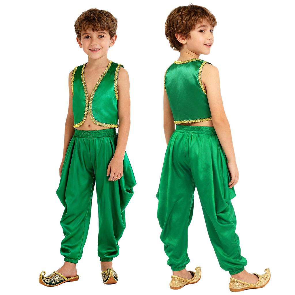 Kinder 2-teilige arabische traditionelle Kleidung Offene Weste mit goldenem Besatz und lockere Hose mit elastischem Bund für Karneval Kostüm