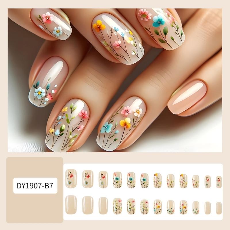 24pcs False Nail With Flower Pattern Friendly Stick On Nail Press On Nail Quick Application Fashion Nail Art for Women